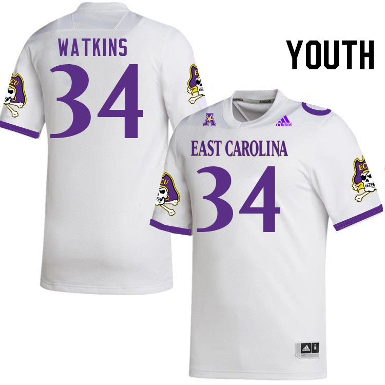 Youth #34 Rico Watkins ECU Pirates College Football Jerseys Stitched Sale-White - Click Image to Close